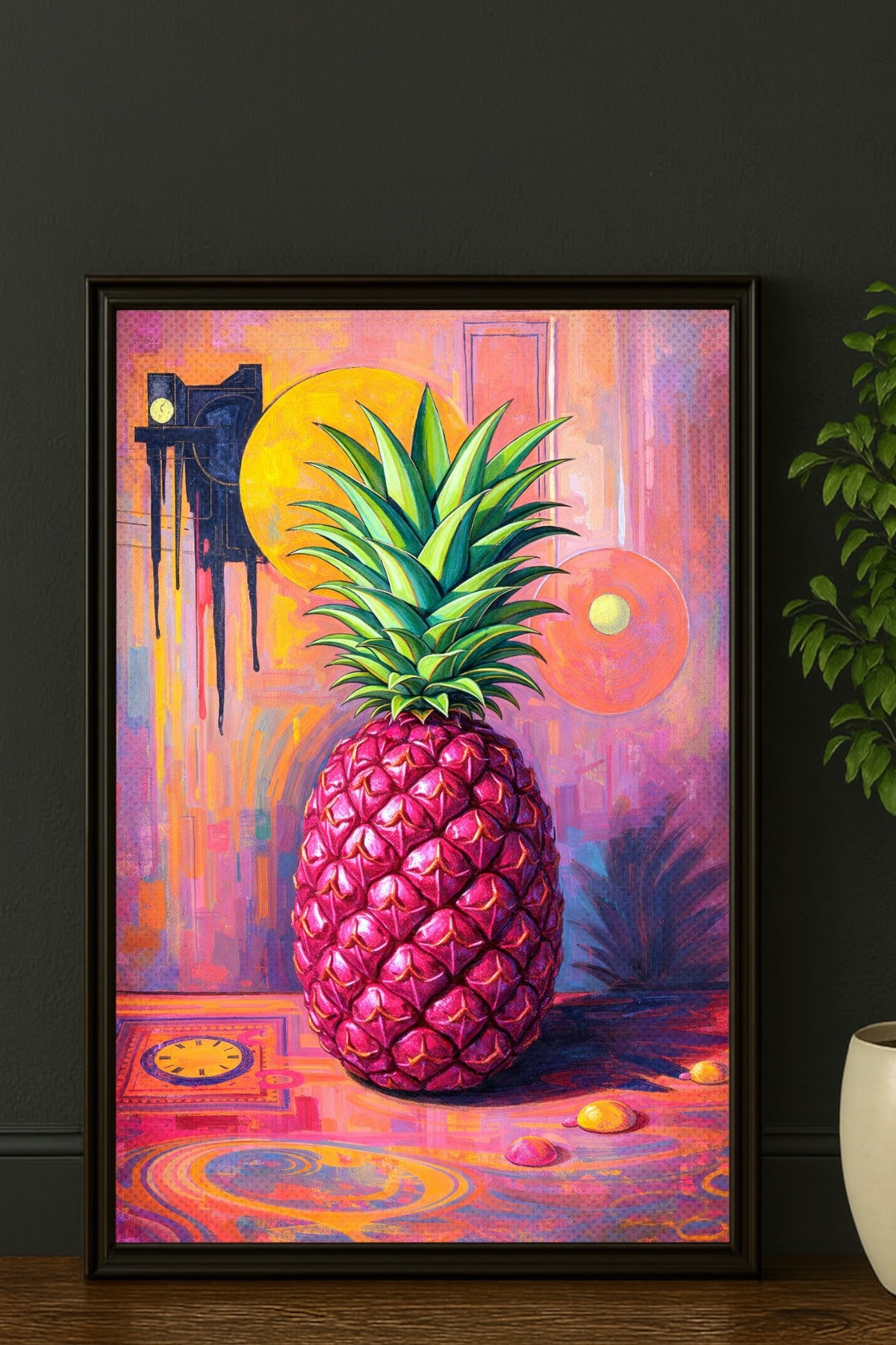 Digitales Ananas-Wandbild im Pop-Art-Stil mit pinker Frucht, grüner Blätterkrone und farbintensivem Hintergrund in Rosa, Orange und Violett.