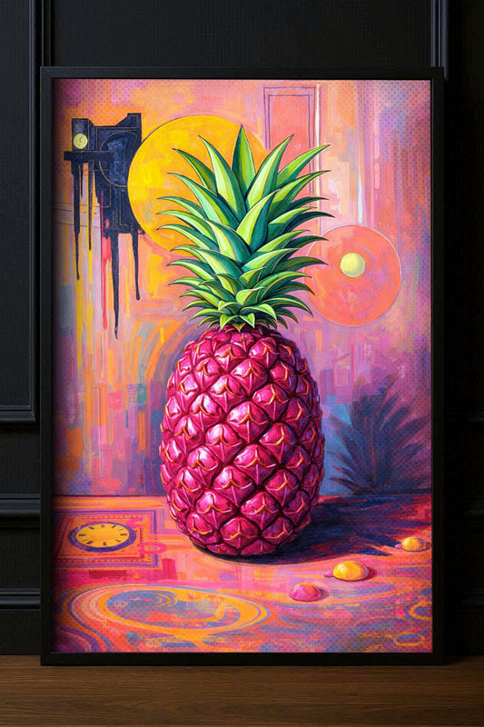 Gedrucktes Pop Art Poster mit pinker Ananas, grüner Blätterkrone und farbintensivem Hintergrund in Gelb, Lila und Rosa im Hochformat.