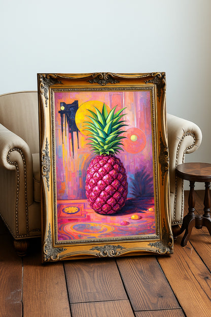 Digitales Ananas-Wandbild im Pop-Art-Stil mit pinker Frucht, grüner Blätterkrone und farbintensivem Hintergrund in Rosa, Orange und Violett.
