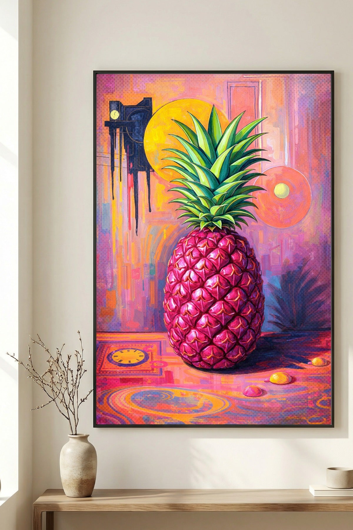 Digitales Ananas-Wandbild im Pop-Art-Stil mit pinker Frucht, grüner Blätterkrone und farbintensivem Hintergrund in Rosa, Orange und Violett.