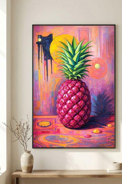 Digitales Ananas-Wandbild im Pop-Art-Stil mit pinker Frucht, grüner Blätterkrone und farbintensivem Hintergrund in Rosa, Orange und Violett.