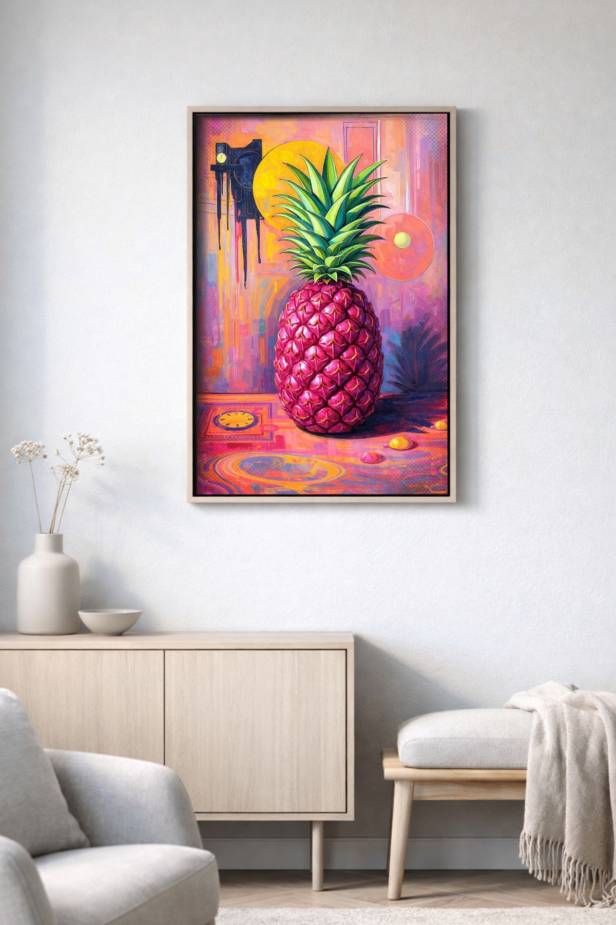 Digitales Ananas-Wandbild im Pop-Art-Stil mit pinker Frucht, grüner Blätterkrone und farbintensivem Hintergrund in Rosa, Orange und Violett.