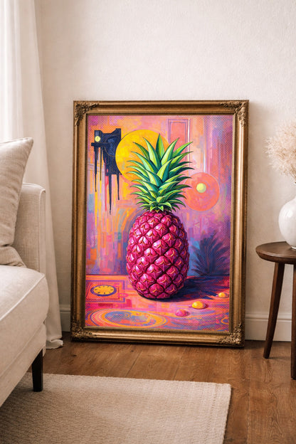 Digitales Ananas-Wandbild im Pop-Art-Stil mit pinker Frucht, grüner Blätterkrone und farbintensivem Hintergrund in Rosa, Orange und Violett.