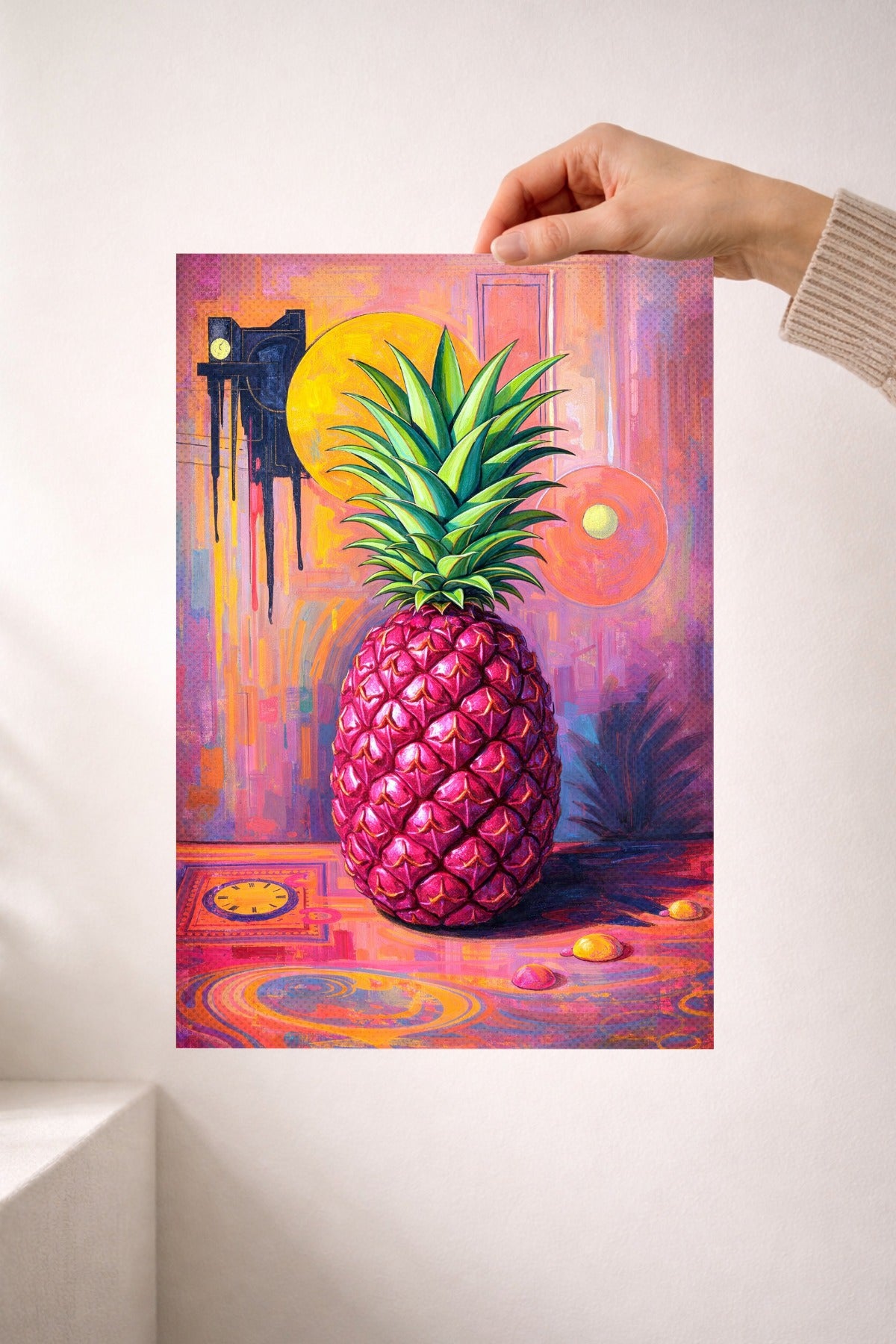 Digitales Ananas-Wandbild im Pop-Art-Stil mit pinker Frucht, grüner Blätterkrone und farbintensivem Hintergrund in Rosa, Orange und Violett.