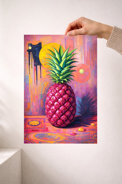 Digitales Ananas-Wandbild im Pop-Art-Stil mit pinker Frucht, grüner Blätterkrone und farbintensivem Hintergrund in Rosa, Orange und Violett.