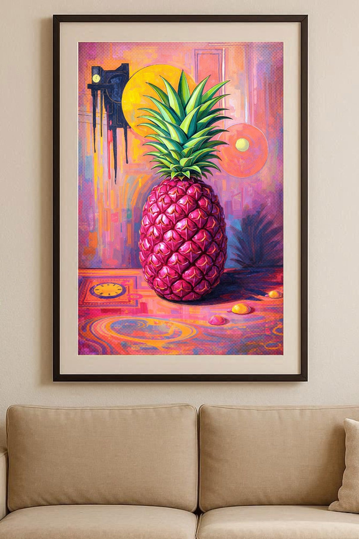 Digitales Ananas-Wandbild im Pop-Art-Stil mit pinker Frucht, grüner Blätterkrone und farbintensivem Hintergrund in Rosa, Orange und Violett.
