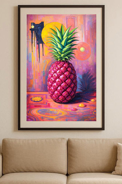 Digitales Ananas-Wandbild im Pop-Art-Stil mit pinker Frucht, grüner Blätterkrone und farbintensivem Hintergrund in Rosa, Orange und Violett.