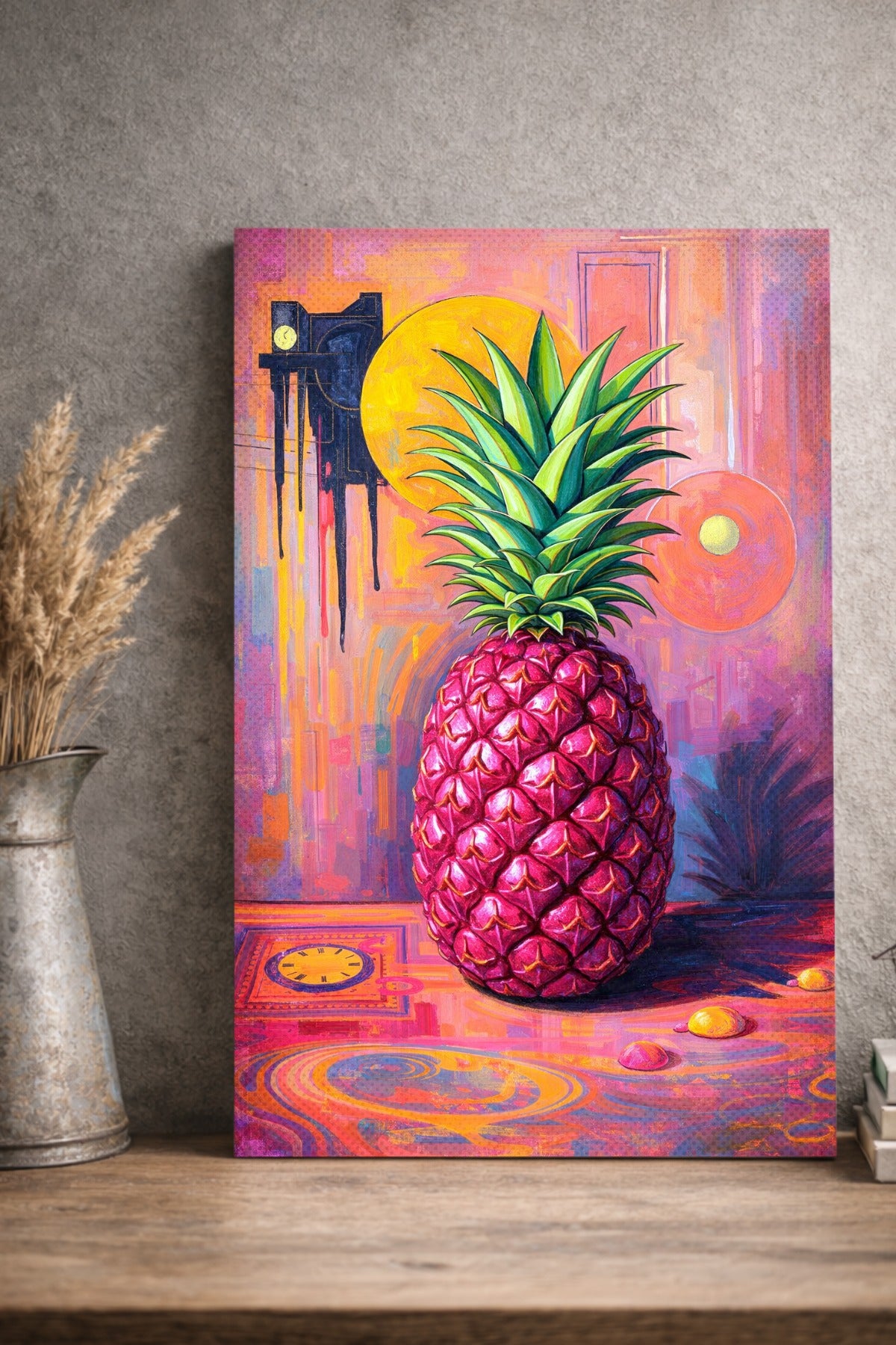 Digitales Ananas-Wandbild im Pop-Art-Stil mit pinker Frucht, grüner Blätterkrone und farbintensivem Hintergrund in Rosa, Orange und Violett.