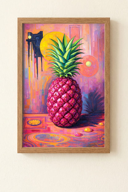 Digitales Ananas-Wandbild im Pop-Art-Stil mit pinker Frucht, grüner Blätterkrone und farbintensivem Hintergrund in Rosa, Orange und Violett.