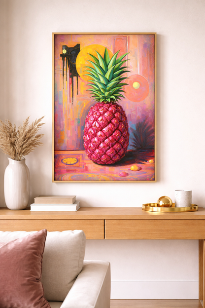 Digitales Ananas-Wandbild im Pop-Art-Stil mit pinker Frucht, grüner Blätterkrone und farbintensivem Hintergrund in Rosa, Orange und Violett.
