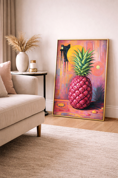 Digitales Ananas-Wandbild im Pop-Art-Stil mit pinker Frucht, grüner Blätterkrone und farbintensivem Hintergrund in Rosa, Orange und Violett.