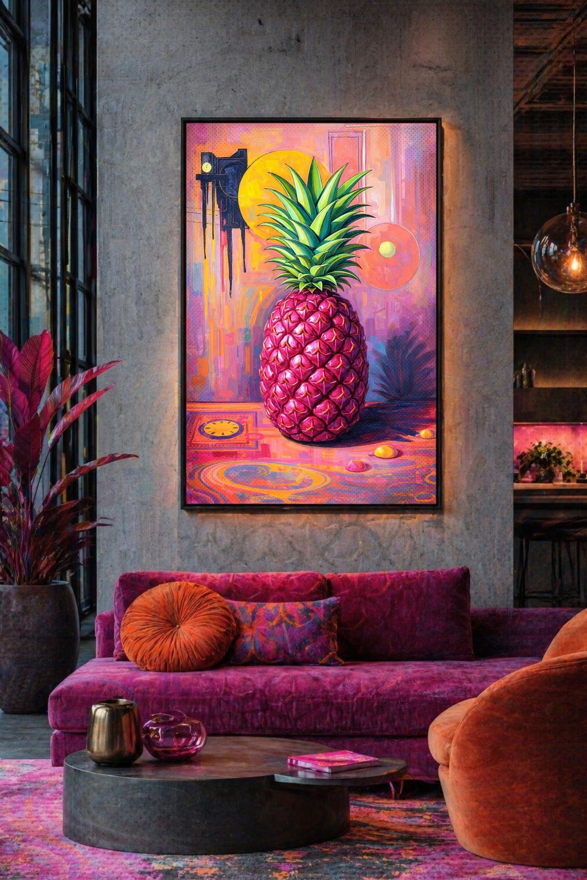 Gedrucktes Pop-Art-Wandbild im Hochformat mit pinker Ananas, grüner Blätterkrone und leuchtendem Hintergrund in Gelb, Lila und Rosa.