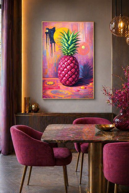Pop-Art-Poster im Hochformat mit auffälliger pinker Ananas, grünen Blättern und farbintensiver Kulisse in Rosa, Gelb und Lila.