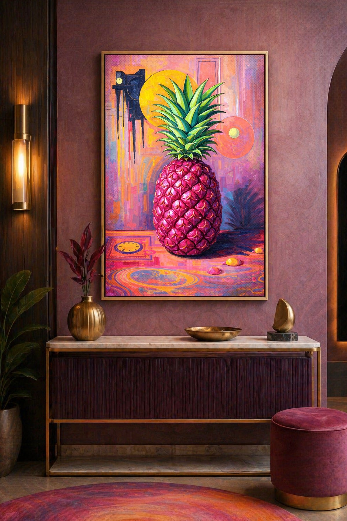 Gedrucktes Hochformat-Poster mit pinker Ananas, grüner Blätterkrone und modernem Pop-Art-Hintergrund in kräftigen Gelb-, Lila- und Rosatönen.