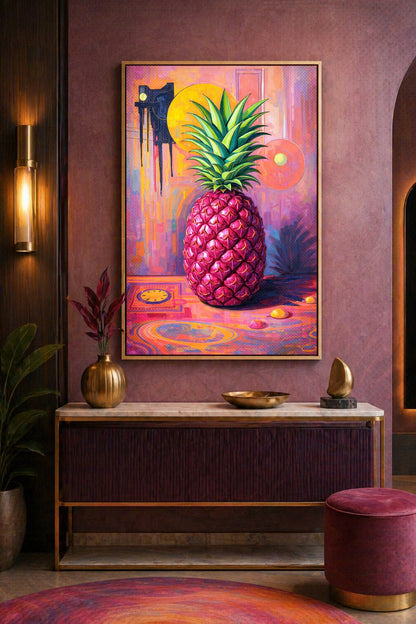 Gedrucktes Hochformat-Poster mit pinker Ananas, grüner Blätterkrone und modernem Pop-Art-Hintergrund in kräftigen Gelb-, Lila- und Rosatönen.