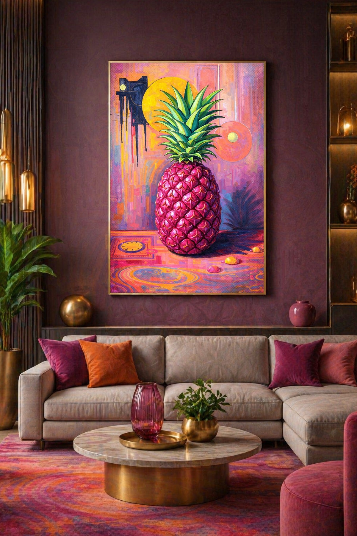Farbstarkes Pop-Art-Poster im Hochformat mit pinker Ananas, grüner Krone und buntem Hintergrund in Gelb, Rosa und Lila.