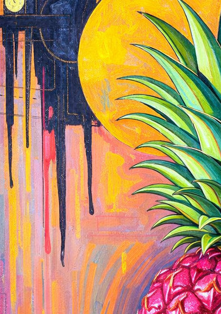 Digitales Ananas-Wandbild im Pop-Art-Stil mit pinker Frucht, grüner Blätterkrone und farbintensivem Hintergrund in Rosa, Orange und Violett.