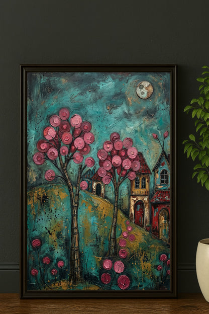 Farbenfrohes Folk-Art-Gemälde eines verträumten Dorfes bei Nacht; mit leuchtend rosa Blütenbäumen, kleinen Häusern und einem Vollmond vor einem texturreichen, türkisblauen Himmel.