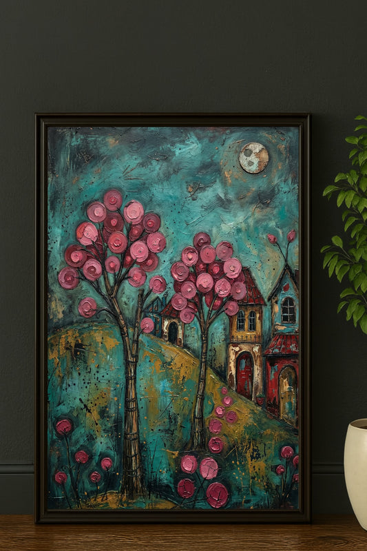 Farbenfrohes Folk-Art-Gemälde eines verträumten Dorfes bei Nacht; mit leuchtend rosa Blütenbäumen, kleinen Häusern und einem Vollmond vor einem texturreichen, türkisblauen Himmel.