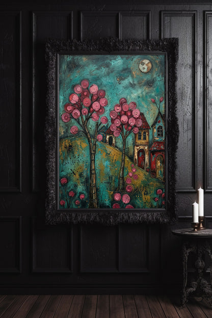 Farbenfrohes Folk-Art-Gemälde eines verträumten Dorfes bei Nacht; mit leuchtend rosa Blütenbäumen, kleinen Häusern und einem Vollmond vor einem texturreichen, türkisblauen Himmel.
