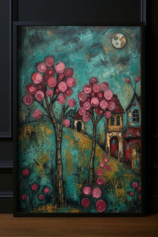 Hochwertiger Folk-Art-Kunstdruck eines Dorfes bei Nacht; mit leuchtend rosa Blütenbäumen, kleinen Häusern und Vollmond vor einem türkisblauen, malerischen Himmel.