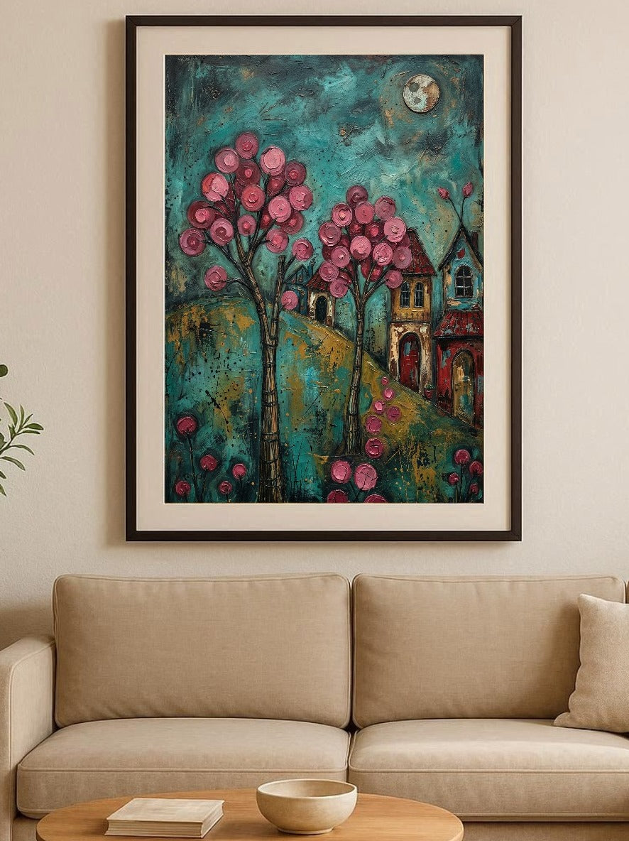 Hochwertiger Folk-Art-Kunstdruck eines Dorfes bei Nacht; mit leuchtend rosa Blütenbäumen, kleinen Häusern und Vollmond vor einem türkisblauen, malerischen Himmel.