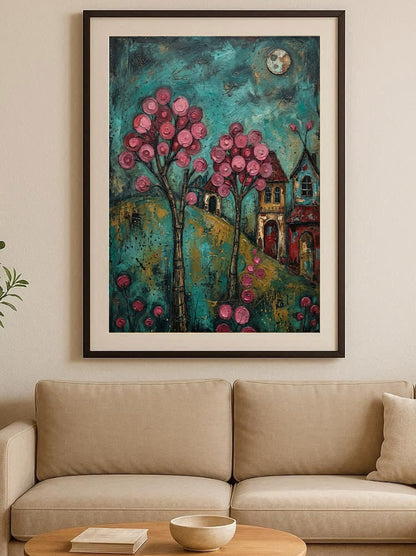 Hochwertiger Folk-Art-Kunstdruck eines Dorfes bei Nacht; mit leuchtend rosa Blütenbäumen, kleinen Häusern und Vollmond vor einem türkisblauen, malerischen Himmel.