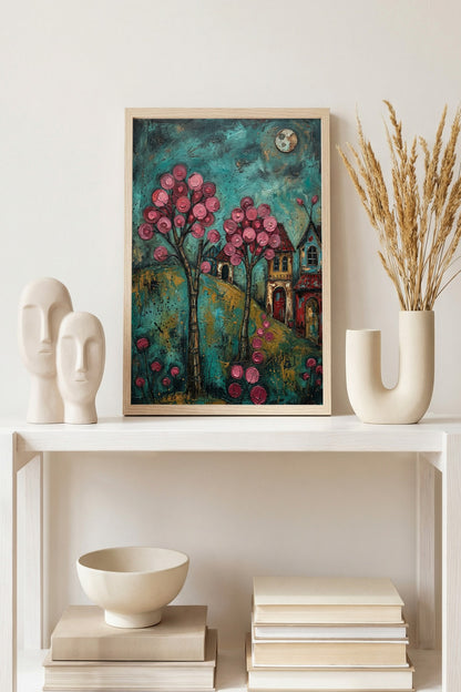Farbenfrohes Folk-Art-Gemälde eines verträumten Dorfes bei Nacht; mit leuchtend rosa Blütenbäumen, kleinen Häusern und einem Vollmond vor einem texturreichen, türkisblauen Himmel.