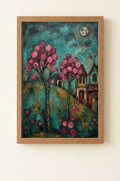 Hochwertiger Folk-Art-Kunstdruck eines Dorfes bei Nacht; mit leuchtend rosa Blütenbäumen, kleinen Häusern und Vollmond vor einem türkisblauen, malerischen Himmel.