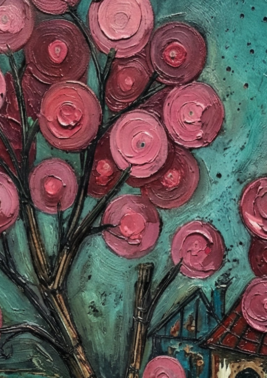 Farbenfrohes Folk-Art-Gemälde eines verträumten Dorfes bei Nacht; mit leuchtend rosa Blütenbäumen, kleinen Häusern und einem Vollmond vor einem texturreichen, türkisblauen Himmel.