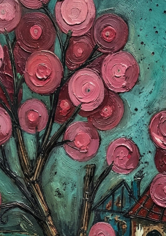 Farbenfrohes Folk-Art-Gemälde eines verträumten Dorfes bei Nacht; mit leuchtend rosa Blütenbäumen, kleinen Häusern und einem Vollmond vor einem texturreichen, türkisblauen Himmel.