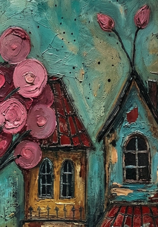 Farbenfrohes Folk-Art-Gemälde eines verträumten Dorfes bei Nacht; mit leuchtend rosa Blütenbäumen, kleinen Häusern und einem Vollmond vor einem texturreichen, türkisblauen Himmel.