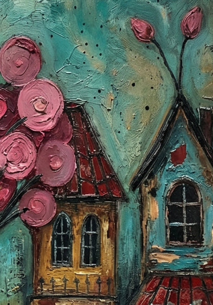 Farbenfrohes Folk-Art-Gemälde eines verträumten Dorfes bei Nacht; mit leuchtend rosa Blütenbäumen, kleinen Häusern und einem Vollmond vor einem texturreichen, türkisblauen Himmel.