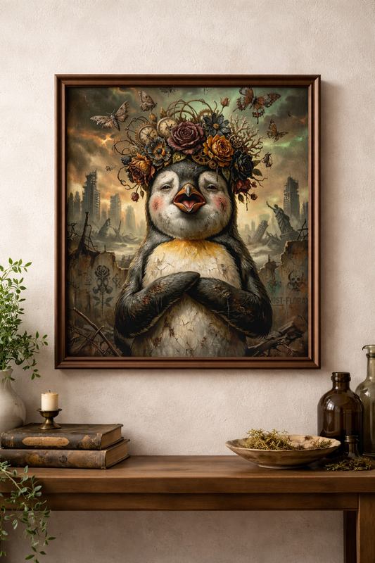 Gedrucktes Poster mit einem Pinguin vor Ruinen, dunklen Blumen, Uhren und Motten in rauchgrüner Endzeitkulisse.