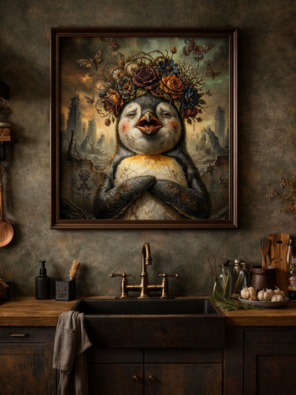 Gedrucktes Endzeit-Poster mit frontalem Pinguin, Ruinenlandschaft, dunklen Blumen, Motten und Uhrendetails in verwitterter Atmosphäre.