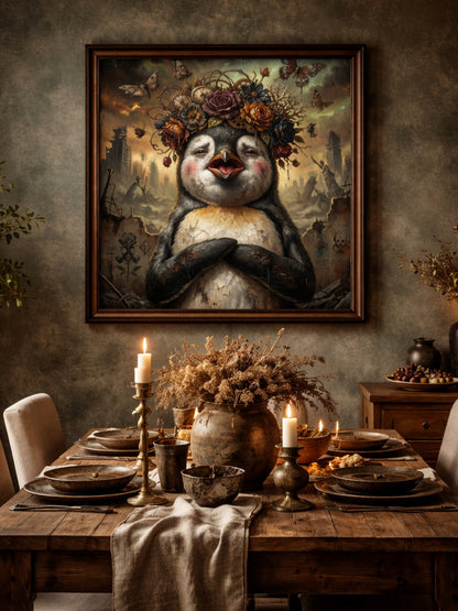 Postapokalyptisches Tierposter mit Pinguin vor Ruinen, floralen Dunkelmotiven, Motten und Uhren in rauchigem Grün und Anthrazit.