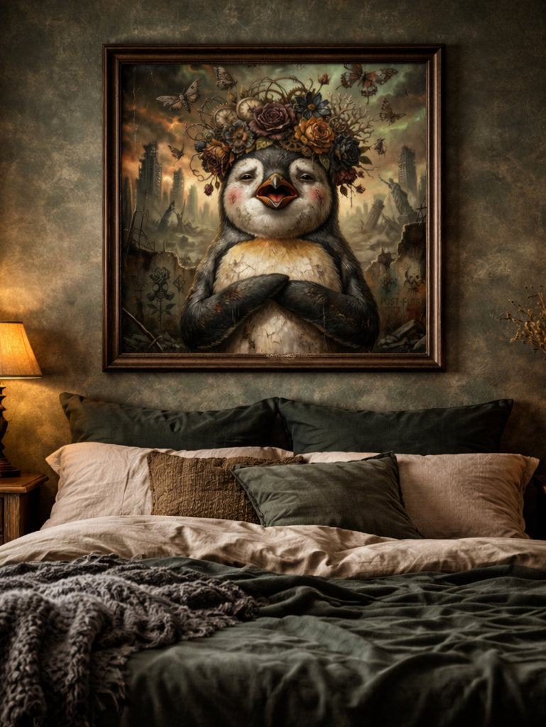 Gedrucktes Dark-Art-Poster mit einem Pinguin, umgeben von dunklen Blumen, Motten und Uhren vor einer zerstörten Endzeitkulisse.