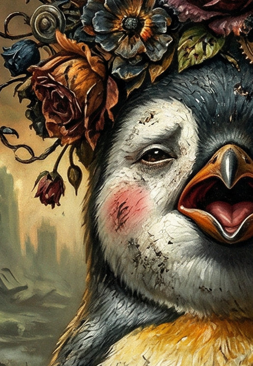 Detailsansicht. Gedrucktes Poster mit Pinguin in rauchgrüner Endzeitkulisse vor Ruinen, dunklen Blumen, Motten und dekorativen Uhrenelementen.