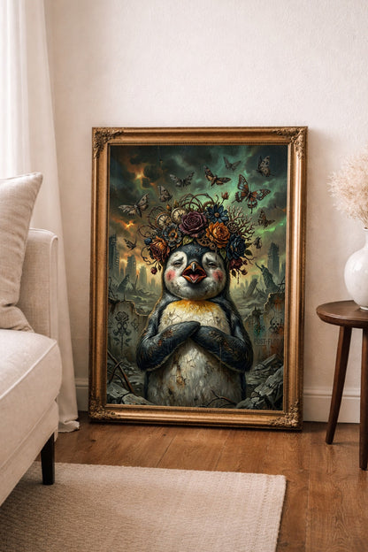 Digitales Pinguin-Wandbild mit Blumenkrone, Schmetterlingen, Uhren und postapokalyptischer Stadtruine in düsteren Grün-, Grau- und Rosttönen.