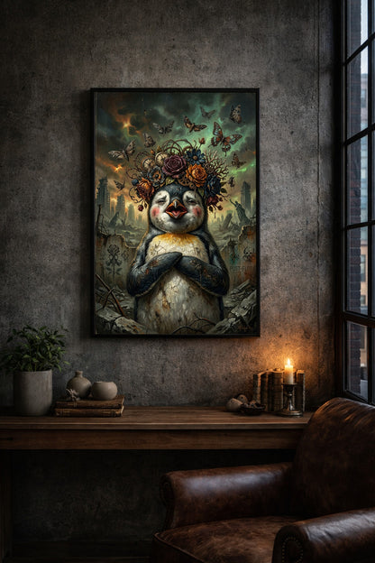Digitales Pinguin-Wandbild mit Blumenkrone, Schmetterlingen, Uhren und postapokalyptischer Stadtruine in düsteren Grün-, Grau- und Rosttönen.