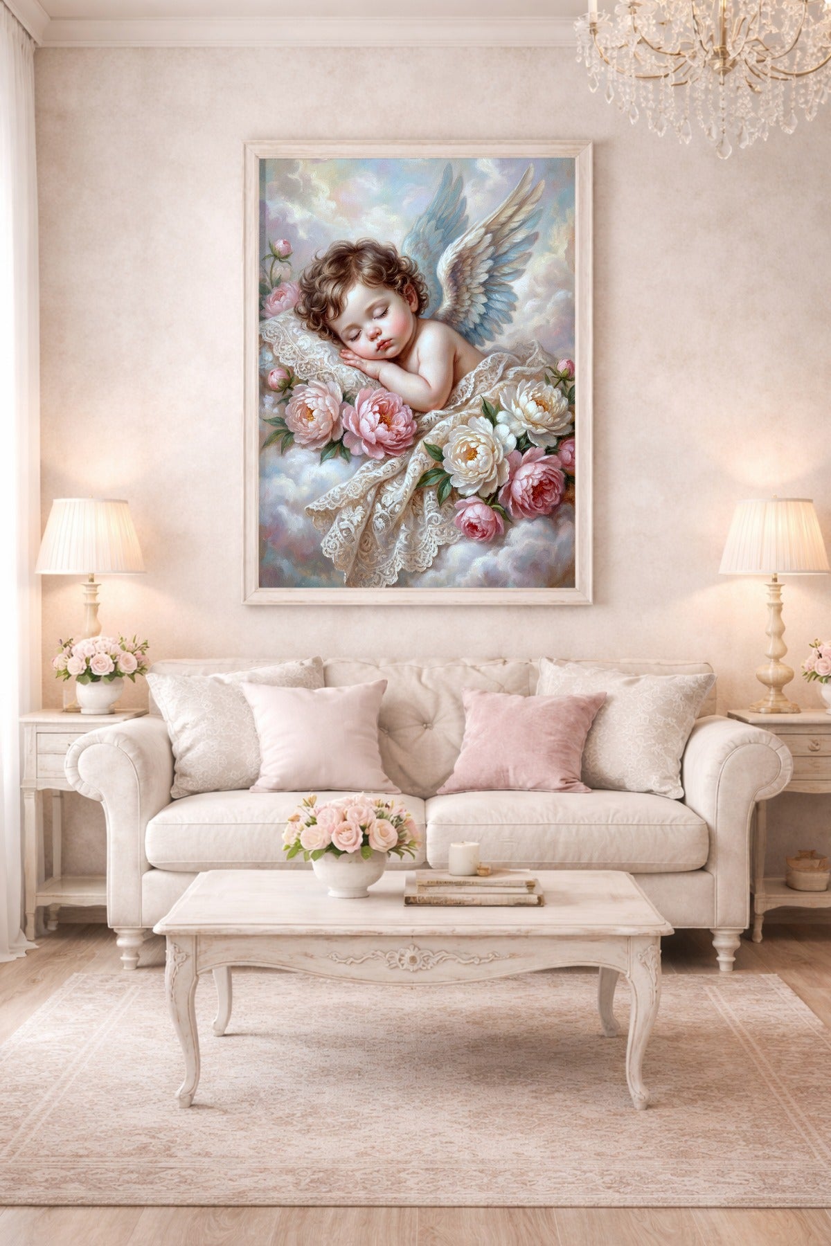 Pastelliges digitales Wandbild mit Engelkind auf Wolken, rosa Pfingstrosen und zarten Flügeln in einer ruhigen Shabby-Chic-Komposition. Hängt gerahmt über einer Couch.