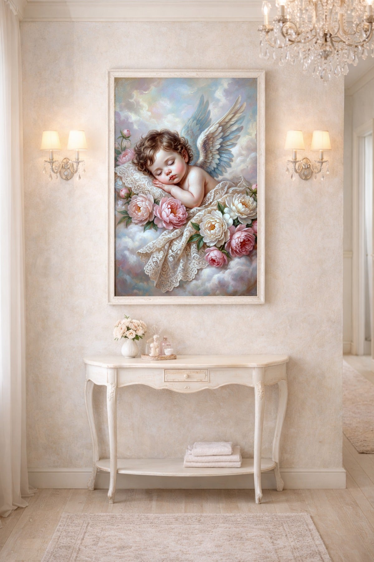 Vintage Engelposter mit schlafendem Engelbaby auf weichen Wolken, rosa Blüten und filigranen Flügeln in sanfter, romantischer Bildsprache.
