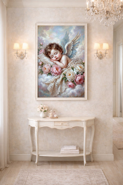 Vintage Engelposter mit schlafendem Engelbaby auf weichen Wolken, rosa Blüten und filigranen Flügeln in sanfter, romantischer Bildsprache.