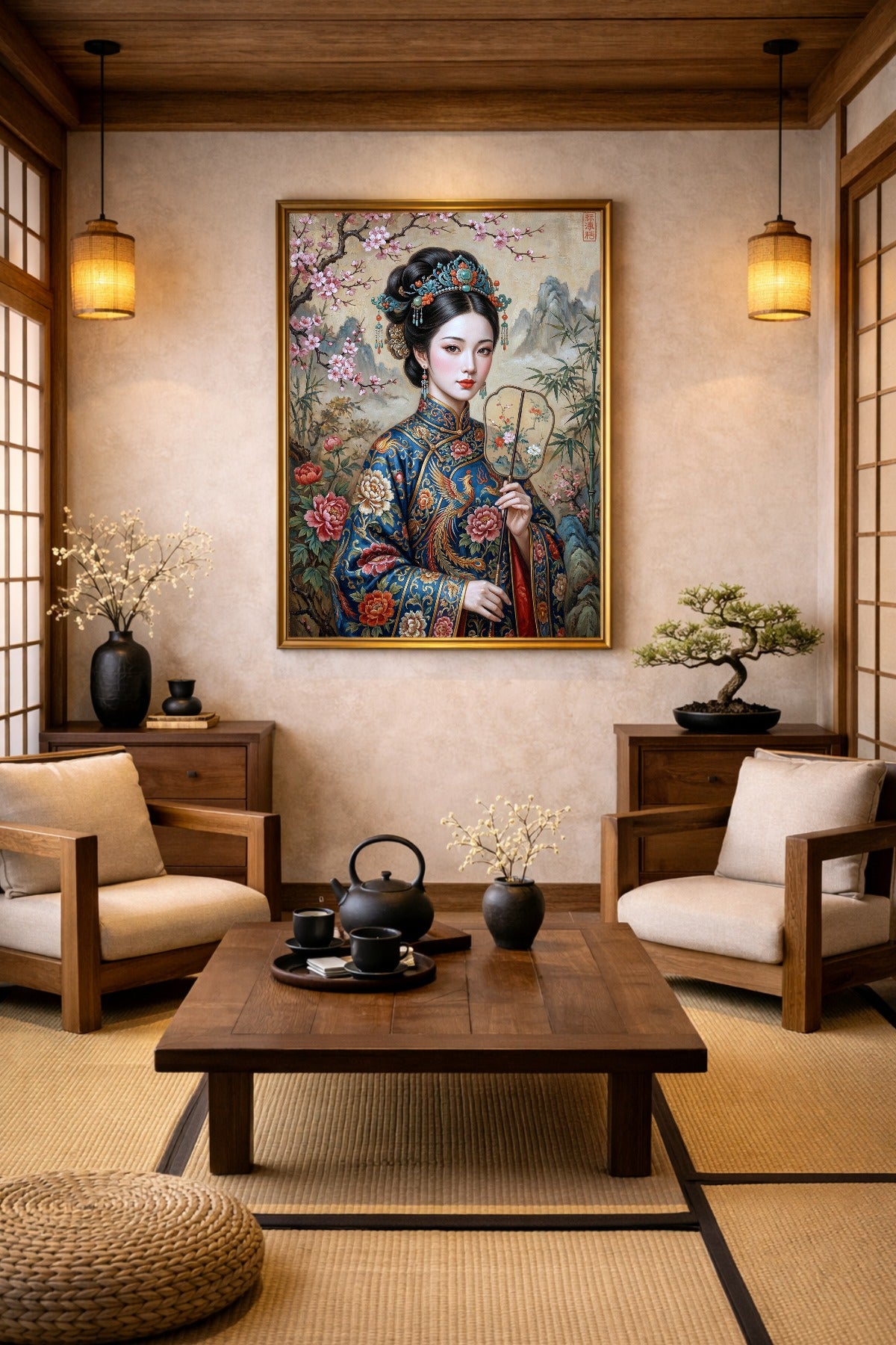 Gedrucktes Chinoiserie Poster in einem Japandi Wohnzimmer mit Holzrahmen, Tatami-Optik, Papierlampen, Teeservice und Bonsai.