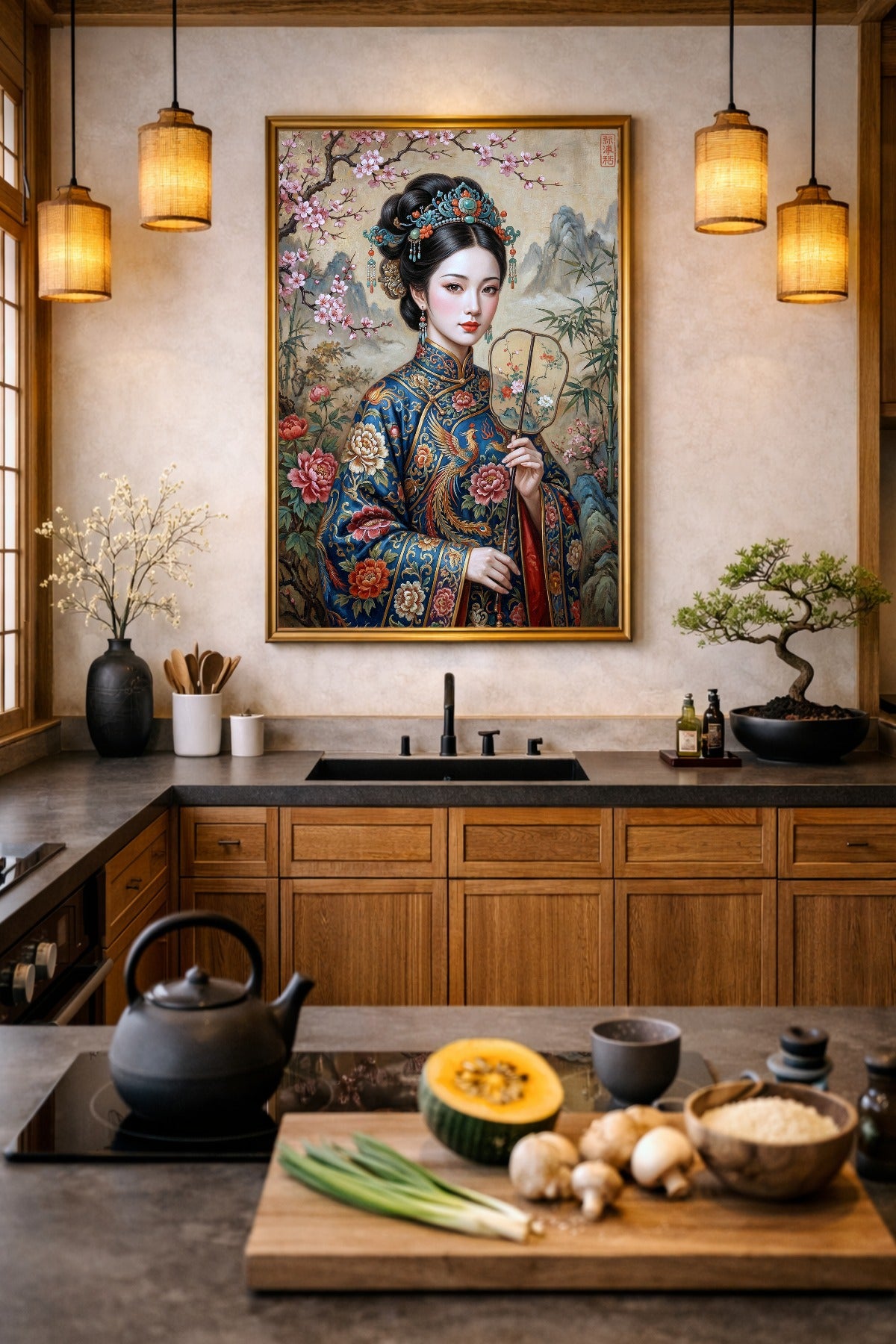 Asia Wandbild in einer warmen Küche mit Holzfronten, Papierlampen, Bambus, Kirschblüten und blauem Gewand mit floralen Details.