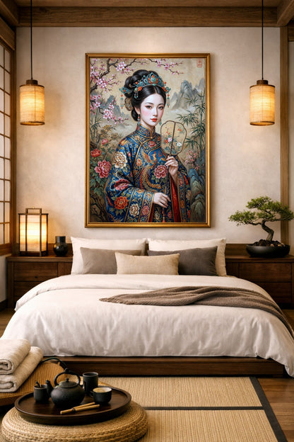 Hochwertiges Poster im Japanstil mit Geisha, blauem Kimono, Fächer, Bambus und Kirschblüten vor einer ruhigen Berglandschaft für das Schlafzimmer.