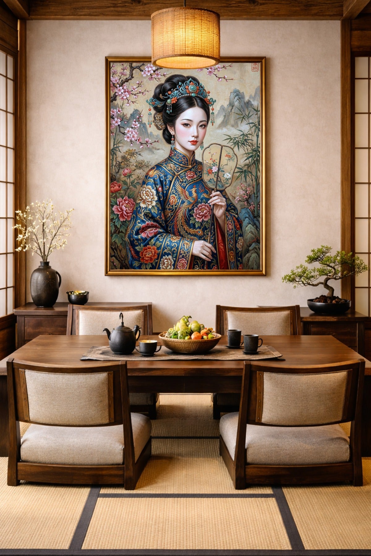 Japanisches Wandbild mit Geisha im blauen Kimono, elegantem Fächer, Bambus, Kirschblüten und feiner Bergkulisse als stilvolle Deko für das Esszimmer.