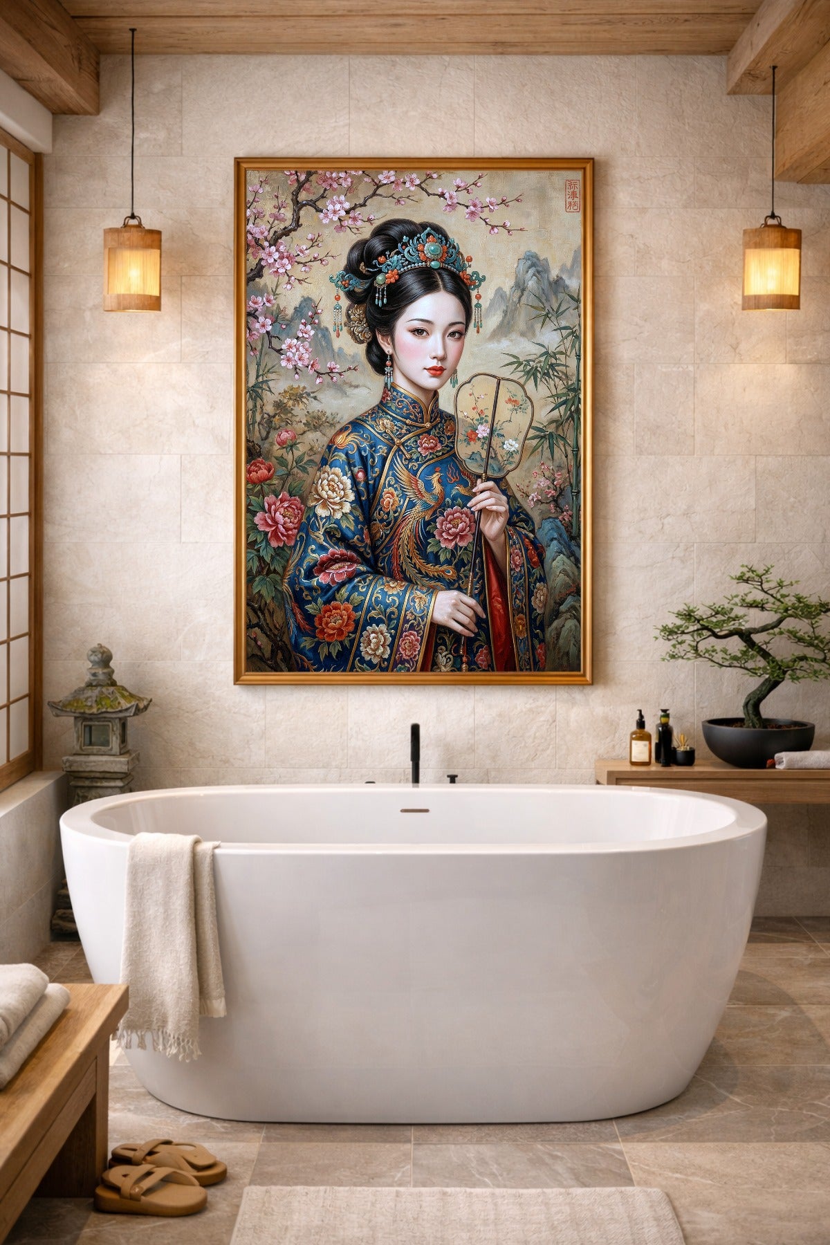 Dekoratives Japan-Wandbild mit Geisha im blauen Kimono, Fächer, Bambus, Kirschblüten und zarter Bergszene als elegante Wandkunst fürs Badezimmer.