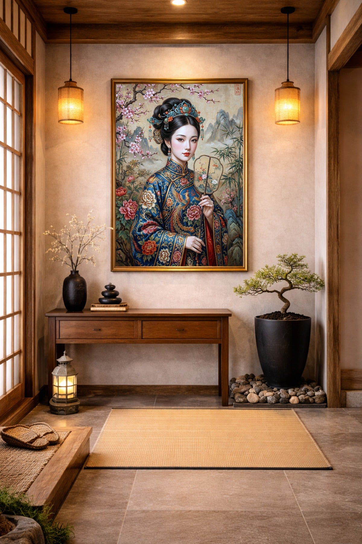 Stimmungsvolles Geisha Wandposter mit blauem Kimono, Fächer, Kirschblüten, Bambus und feiner Berglandschaft als japanische Flurdeko mit eleganter Wirkung.