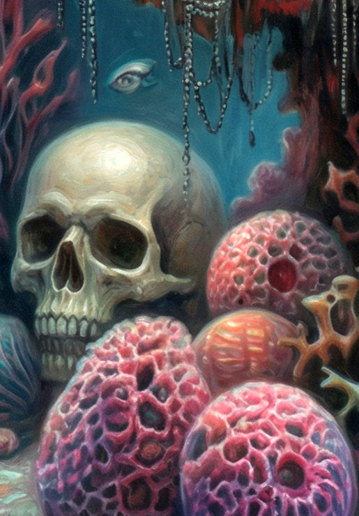 Gedrucktes Poster einer dunklen Meerjungfrau mit rosa Haaren, schwarzem Korsett, Korallen und Totenschädel in geheimnisvoller Unterwasserkulisse. Detailsansicht